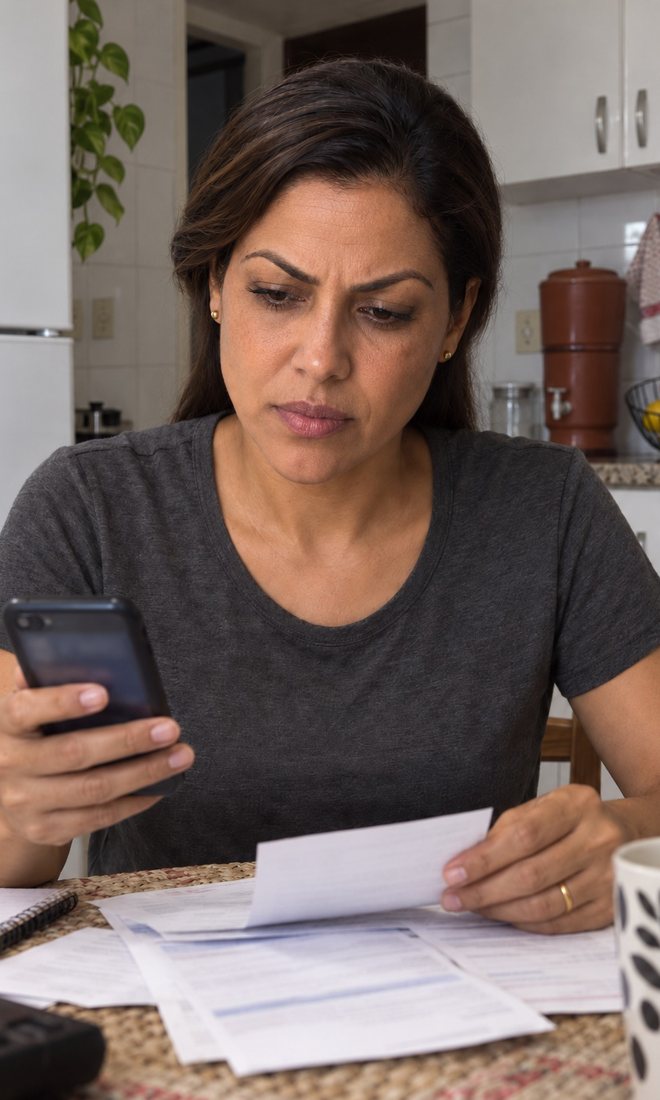 Mulher na mesa da cozinha, à noite, olhando o celular com contas na mão